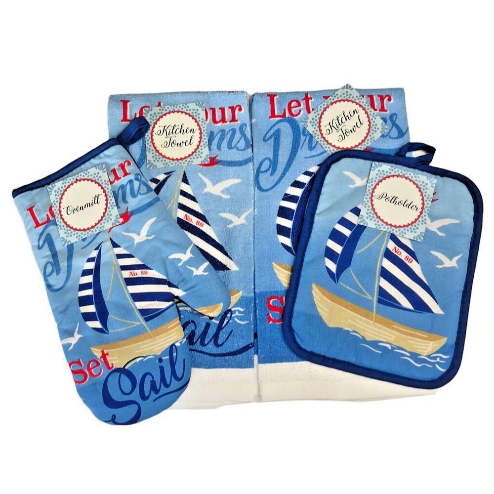 Sailboat Kitchen Dish Towels Potholder Oven Mitt Nautical Summer Beach Set of 4